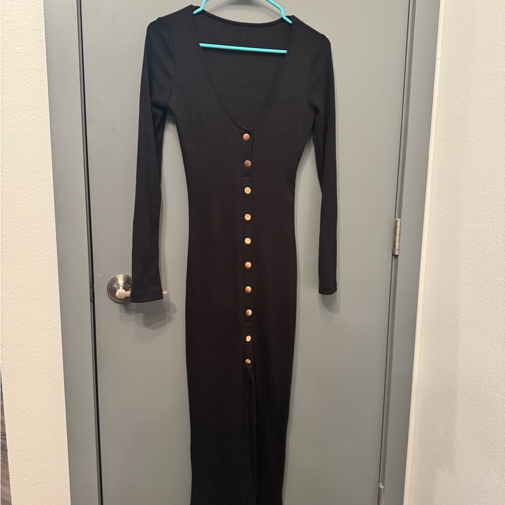 Fashion Nova Black Long Sleeve Dress with Button Detail